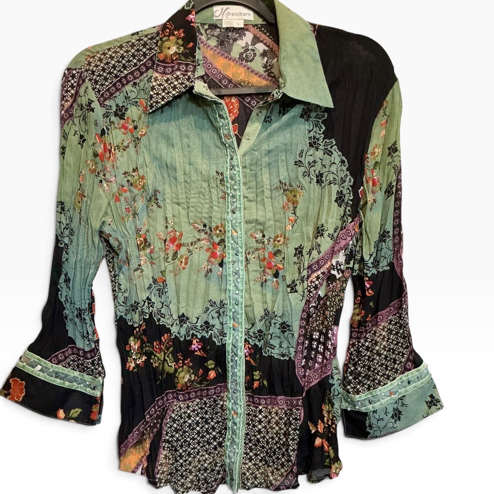 Dressbarn Vintage 90s Patchwork Floral Beaded Blouse L Green Whimsigoth Boho Top